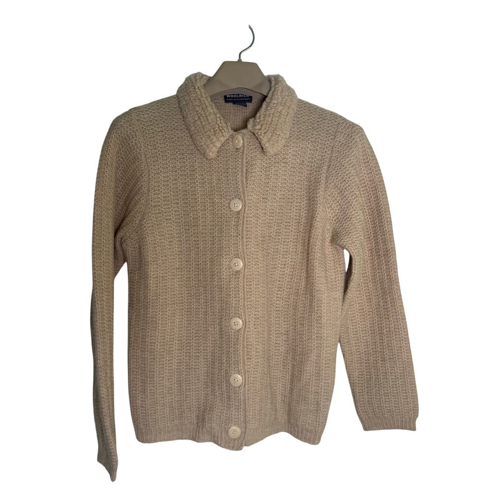 Woolrich Loop Yarn Collar Sweater Button Up MEDIUM 100% Wool Light Oatmeal